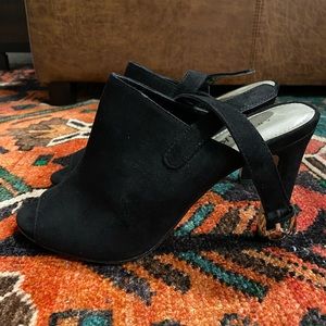 Black sling back peep toe heels in suede